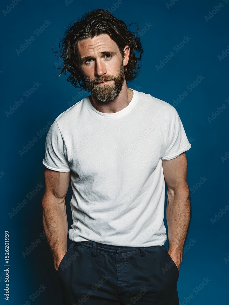 Naklejka premium A handsome Caucasian man with a beard poses in a plain white t shirt against a solid dark blue background.