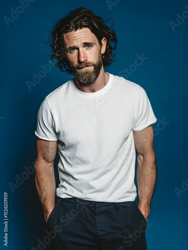A handsome Caucasian man with a beard poses in a plain white t shirt against a solid dark blue background.