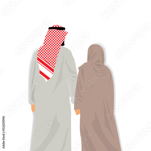 Arab Couple in Traditional Attire Holding Hands in vector illustration 