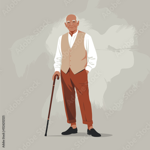 Elderly man standing with walking cane, wearing classic vest and trousers, next to potted plant in minimalist flat style illustration
