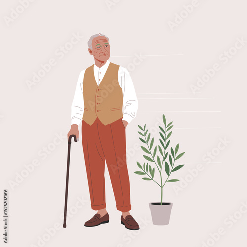 Elderly man standing with walking cane, wearing classic vest and trousers, next to potted plant in minimalist flat style illustration
