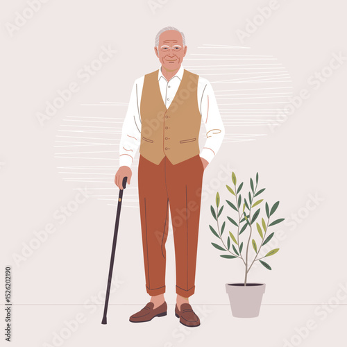Elderly man standing with walking cane, wearing classic vest and trousers, next to potted plant in minimalist flat style illustration
