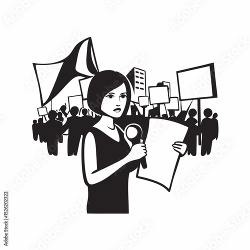 Woman holding a megaphone and protest sign in crowded demonstration  