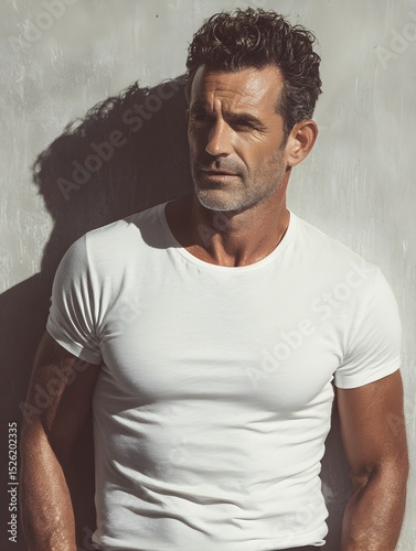 Handsome mature man with a white shirt poses thoughtfully against a textured wall with natural sunlight .