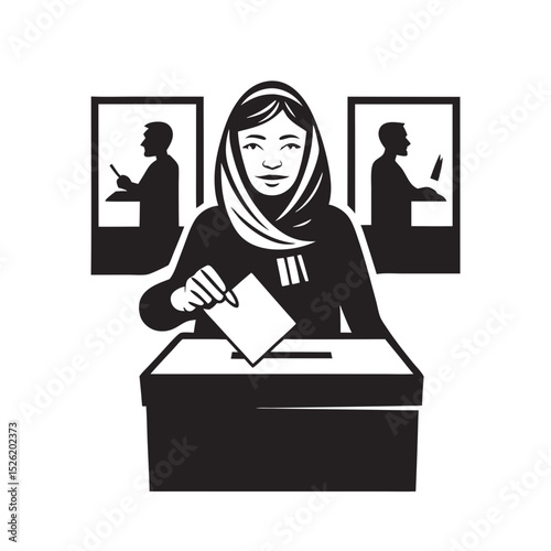 Woman voting in election while holding ballot in polling station  