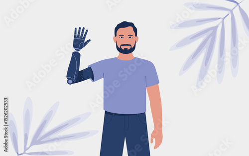 Bearded man with prosthetic arm waving, wearing casual clothes, depicted in modern flat vector style on light background
