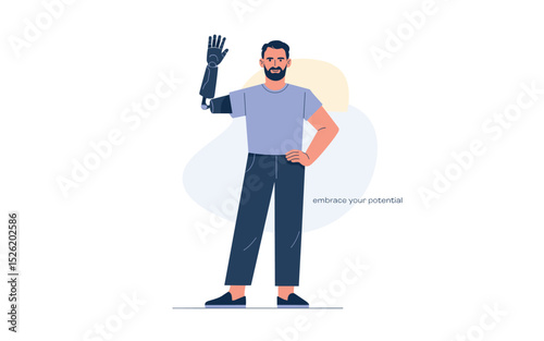Bearded man with prosthetic arm waving, wearing casual clothes, depicted in modern flat vector style on light background
