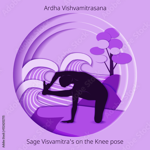 Ardha Vishvamitrasana yoga pose. Sage Visvamitra on the Knee yoga pose. International Yoga Day. Paper cut design. Isolated vector illustration.