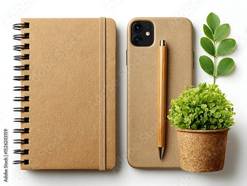 Eco friendly notebook phone case pen and plant displayed together as sustainable living concept design flatlay.