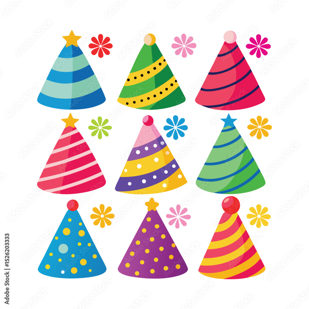 Colorful party hats collection festive celebration design Colorful party hats collection festive celebration design