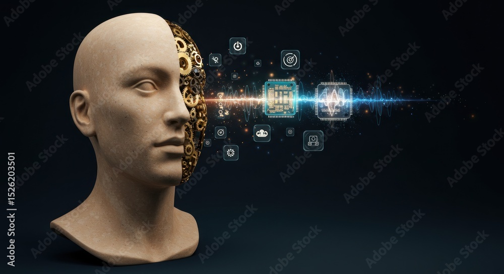 Obraz premium Artificial intelligence data stream head