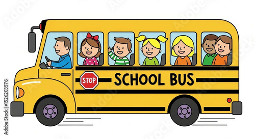 Cartoon school bus full with smiling children isolated on white.