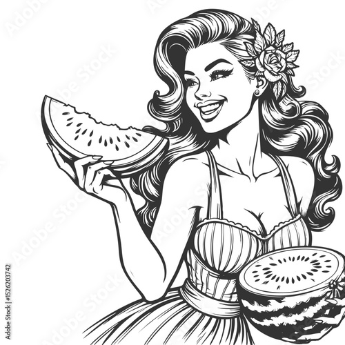 woman holding and biting a slice of watermelon, capturing carefree summer happiness and fun sketch engraving generative ai vector illustration. Scratch board imitation. Black and white image.