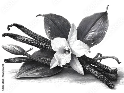 Highly detailed black and white botanical illustration of vanilla flower pods and leaves arrangement.