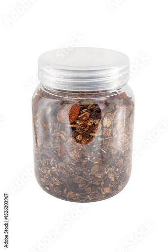 Granola in a glass jar isolated on a white background
