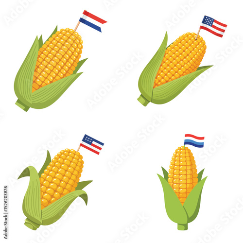 Corn cobs with flags for 4th july independence day celebration Vector Set – Flat Minimal Style