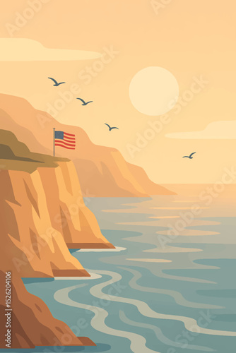 A tranquil coastal scene features sunlit cliffs, an American flag waving proudly at the edge, and seagulls gliding over calm ocean waves, evoking serenity and patriotism.