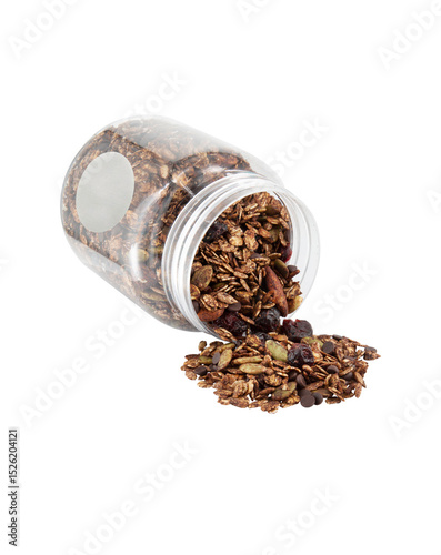 Granola in a glass jar isolated on a white background