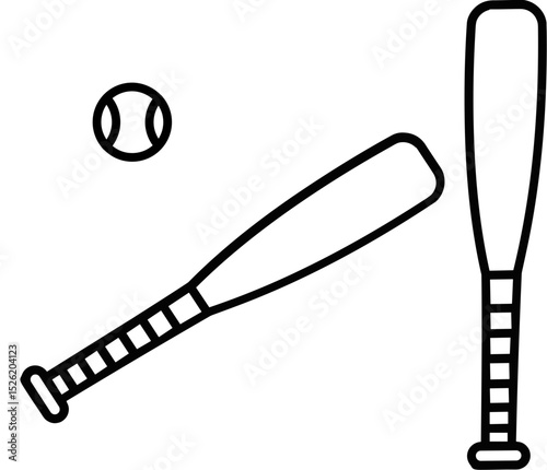 Baseball bat and ball in simple black line art illustration  