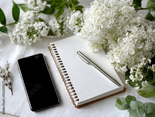 Minimalist workspace with notepad, pen, smartphone and white flowers on soft fabric for creative inspiration.