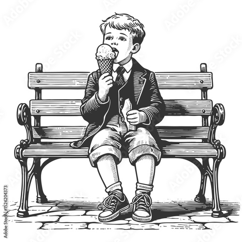 boy in vintage clothing enjoying an ice cream cone while sitting on a wooden park bench sketch engraving generative ai fictional character vector illustration. Scratch board. Black and white image.