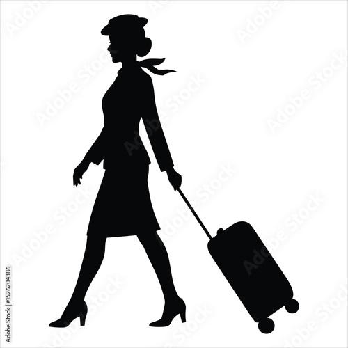 a flight attendant walking confidently while pulling a rolling suitcase