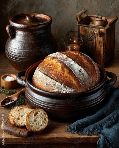 Crusty sourdough bread baked in brown crock high resolution image