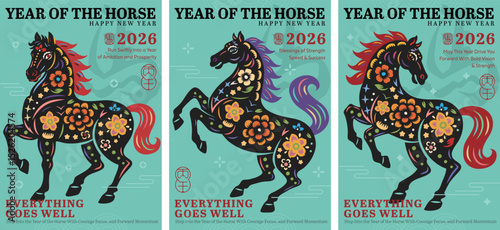 2026 Chinese New Year of the Horse with colorful papercut-style floral horses and festive blessings,greetings perfect for card, postcard, poster design and Flyer Template. Chinese translation : Horse