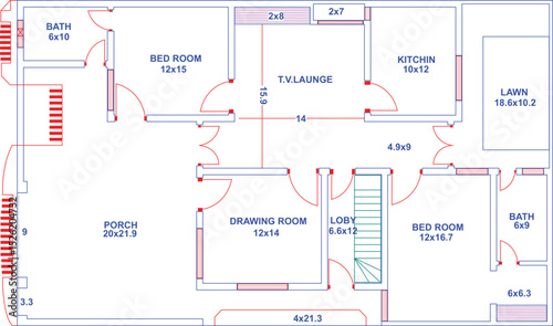 Architectural blueprint of home layout in vector style showing TV lounge, porch, kitchen, lawn, two bedrooms, bathrooms, and drawing room design photo