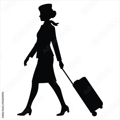 a flight attendant walking confidently while pulling a rolling suitcase