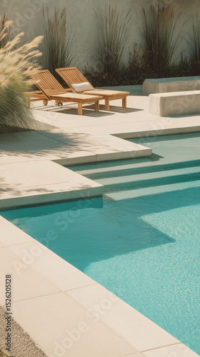 a modern swimming pool with muted turquoise water, surrounded by pale concrete decking, warm beige stone accents