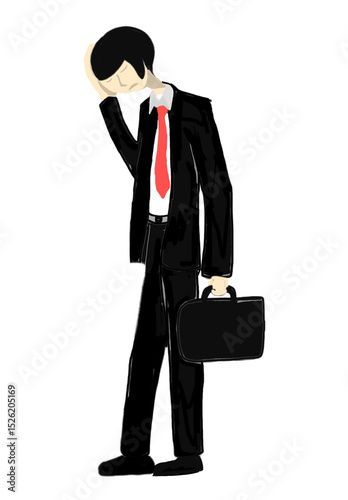 hand drawn illustration with crayon cartoon businessman having a headache. businessman having a headache. going home from work. cartoon png isolated transparent background.
