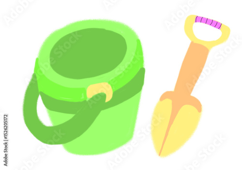 hand drawn illustration with crayons cartoon bucket and shovel sand toys .summer at the beach. kids design. coloring book. cartoon png isolated transparent background