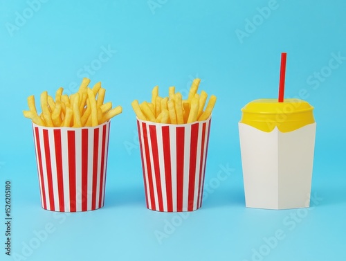 Delicious golden fries and refreshing yellow drink on vibrant blue background.