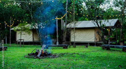 Cozy Night Campfire by Vintage Trailer with String Lights in Garden