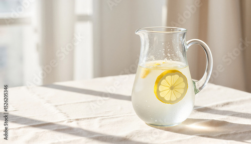 Glass pitcher of lemonade with lemon slices on a sunny table  