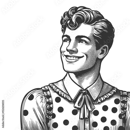 cheerful person wearing a polka dot dress with lace collar, combining retro charm with playful expression sketch engraving generative ai fictional character vector illustration. Black and white image.