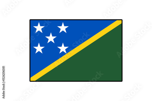 The flag of the Solomon Islands features a blue field with yellow and green triangles. It includes five white stars symbolizing the islands' unity and diversity.