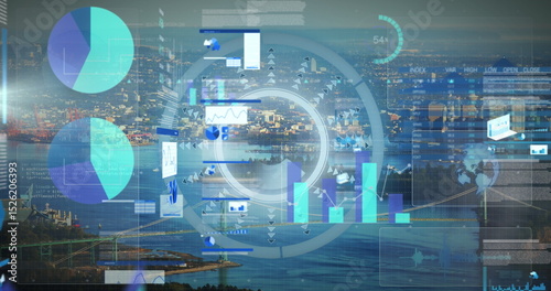 Image of data processing over cityscape