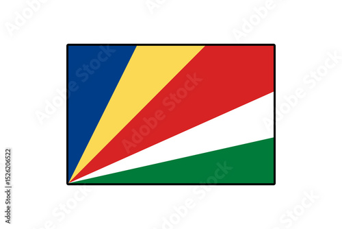 This graphic representation showcases the flag of Seychelles, featuring a dynamic design of blue, yellow, red, white, and green. It symbolizes the nation's identity and heritage.
