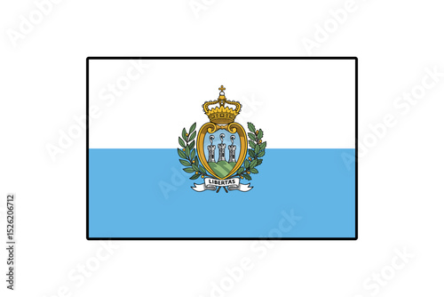 The flag of San Marino features a horizontal tricolor design with blue and white sections, showcasing the national coat of arms in the center with three towers and a crown.