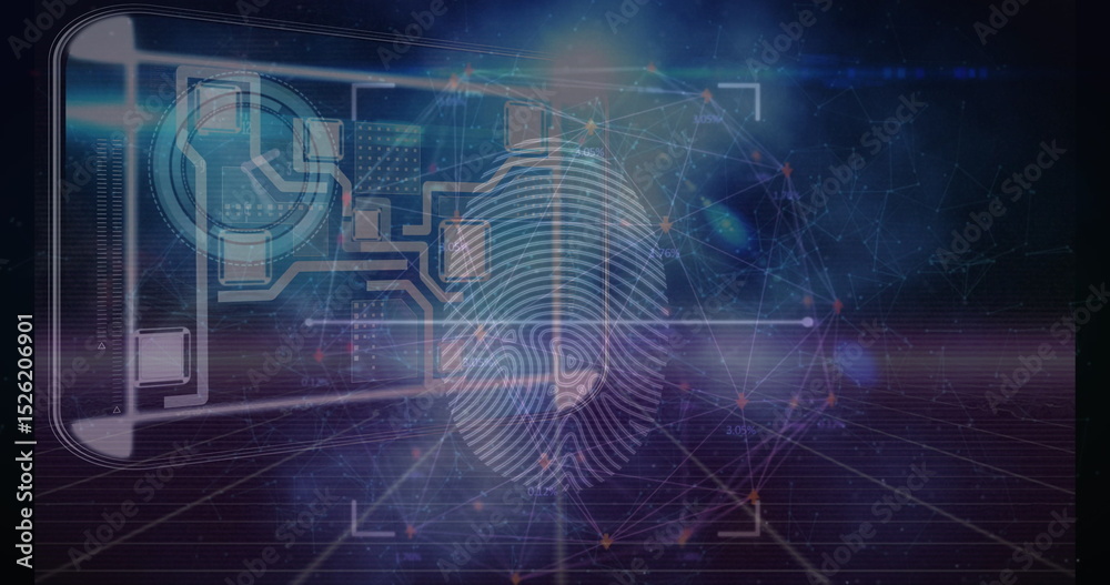 Fototapeta premium Image of data processing over clock and fingerprint