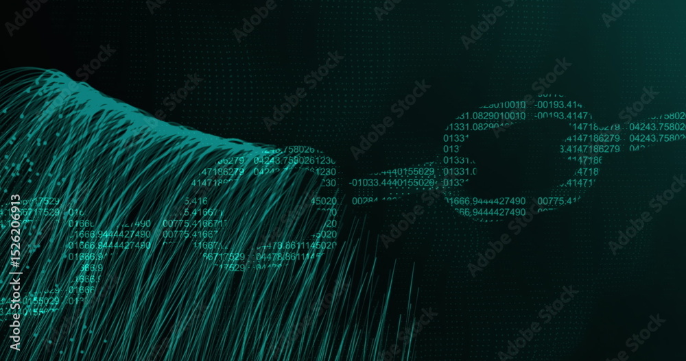 Obraz premium Flowing teal data wave moving through binary grid, with floating numbers and data ring, copy space