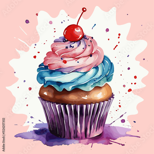 Colorful Watercolor Cupcake with Cherry on Top and Artistic Splatter Background