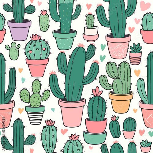 Colorful Cactus Pattern with Cute Potted Plants and Hearts on a White Background for Fun and Playful Designs