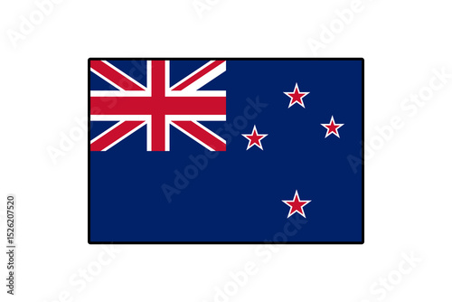 The illustration features the vector flag of New Zealand, displaying its iconic blue background, Union Jack, and Southern Cross constellation in bright red stars.