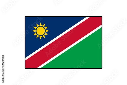 The national flag of Namibia features a blue field with a gold sun and a diagonal red stripe bordered by white and green sections, symbolizing unity and the country's resources.