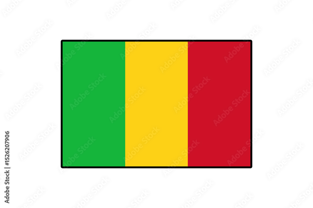 Fototapeta premium This representation displays the flag of Mali, showcasing three vertical stripes in green, yellow, and red. The design reflects the colors and symbolism of the nation's identity.