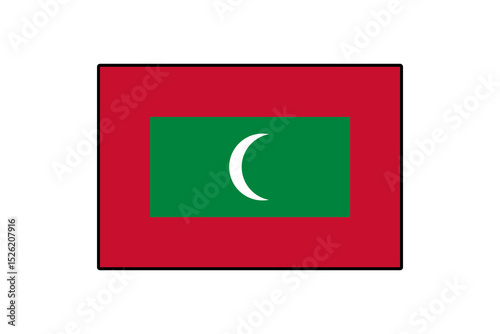 A vibrant vector depiction of the Maldives flag featuring a red background with a green rectangle and a white crescent moon at its center. The design symbolizes the nation's identity.
