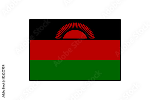 The flag features three horizontal stripes in black, red, and green with a rising sun in the center. This design symbolizes the country's heritage, struggles, and hope for the future.